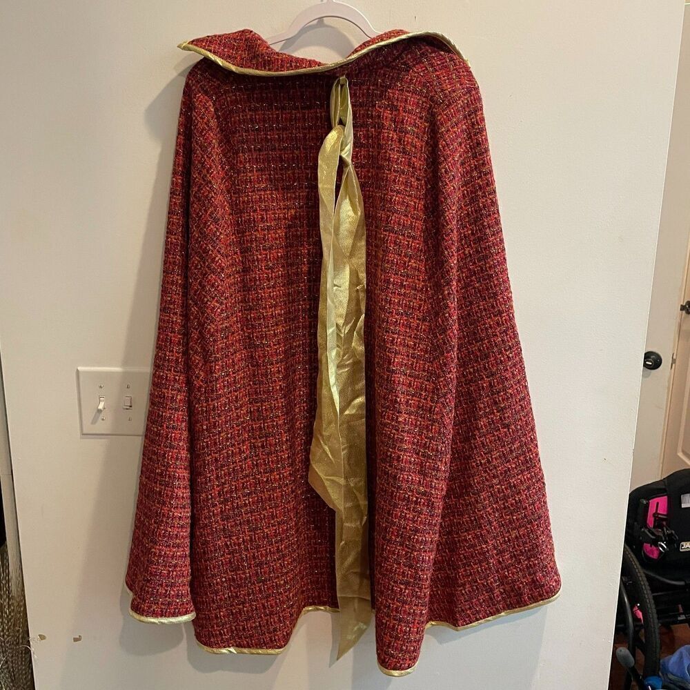 Aura Womens Red Cape Blazer Jacket Size XS Tweed Open Front Lined Gold Trim Tie - Picture 4 of 7